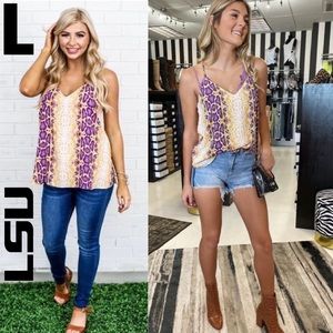 NWOT Sleeveless Flowy Snake Skin Print Gold Yellow Purple LSU Game Day Large